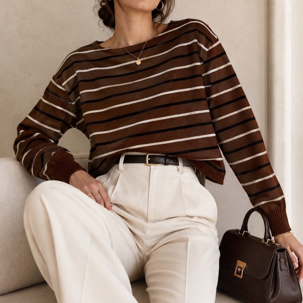 Böhme Brown Striped Boat Neck Cropped Sweater Small Cotton Blend NT15168 G3